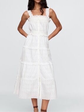 Gap X Doen Eyelet Button-Front Tiered Midi Dress